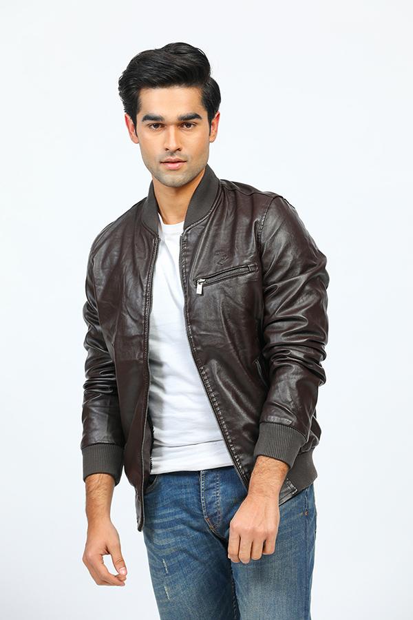 Coffee Faux Leather Jacket with Zipper Pockets